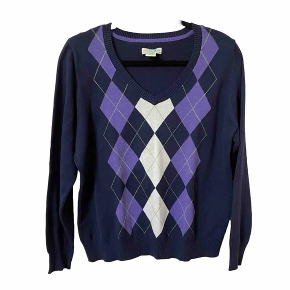 Caribbean Joe Blue Purple Argyle V-neck Cotton Sweater Womens  XL - Picture 1 of 3